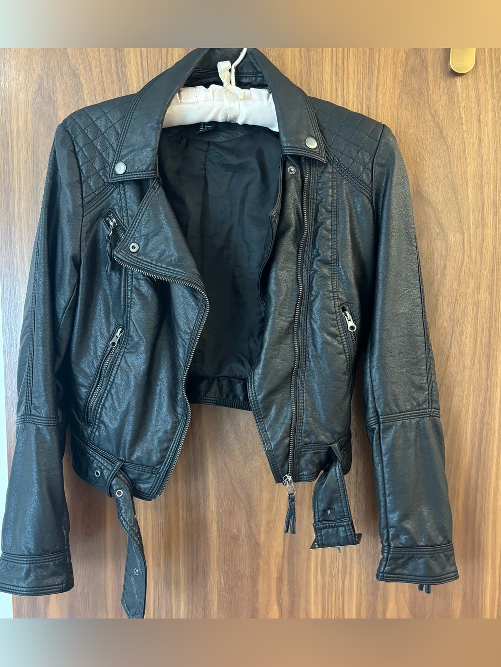 H&M Black Faux Leather Cropped Biker Moto Jacket - Size 4